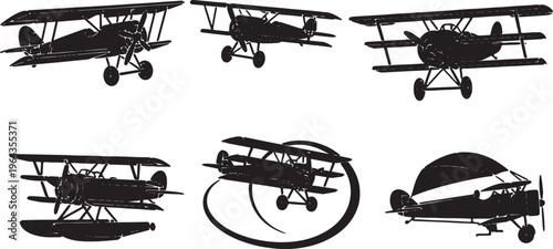 Biplane and Triplane Aircraft Black Solid Silhouettes