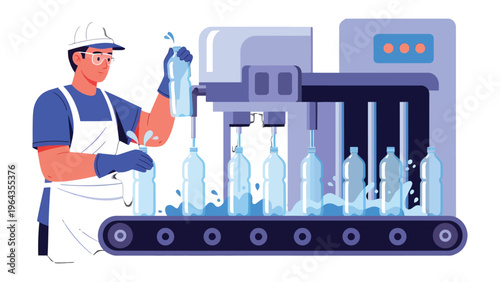 Automated Bottling Line: A worker oversees an automated bottling line, meticulously inspecting bottles as they are filled and prepared for distribution.