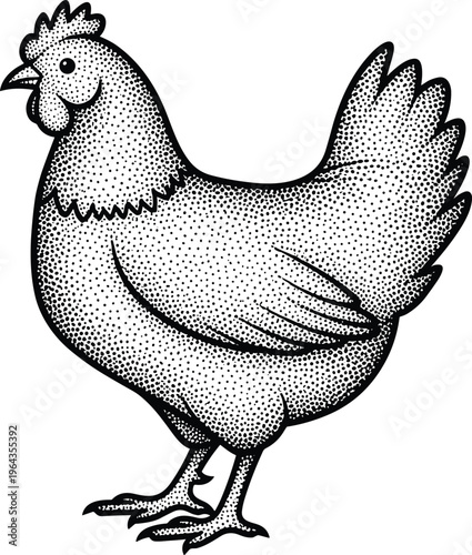 Detailed black and white stippling illustration of chicken farm animal profile with textured feathers for agriculture and art"