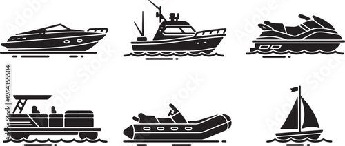 Small Boat and Watercraft Black Solid Silhouettes Set