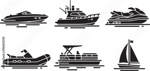 Small Boat and Watercraft Black Solid Silhouettes Set