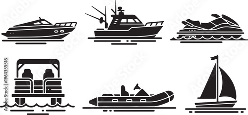 Small Boat and Watercraft Black Solid Silhouettes Set