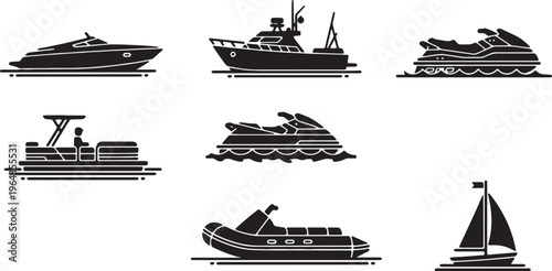 Small Boat and Watercraft Black Solid Silhouettes Set