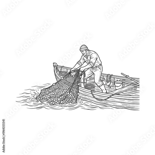 Man pulling fishing net from boat.