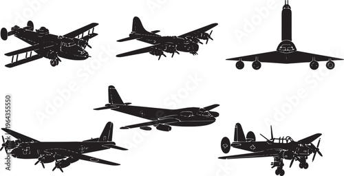 Bomber Aircraft Through History Black Solid Silhouettes