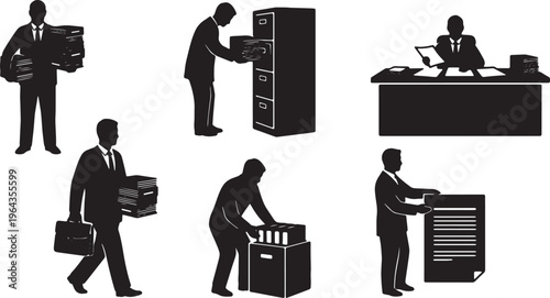 Office Bureaucracy and Document Handling Silhouettes Set