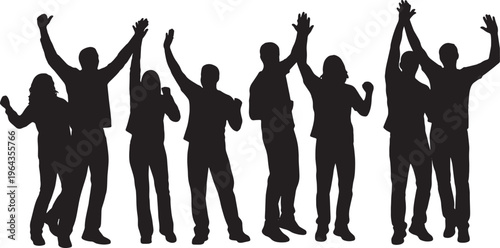 Team Celebration and Business Success Silhouettes on White