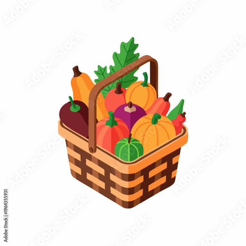 Basket of colorful autumn vegetables and gourds illustration.