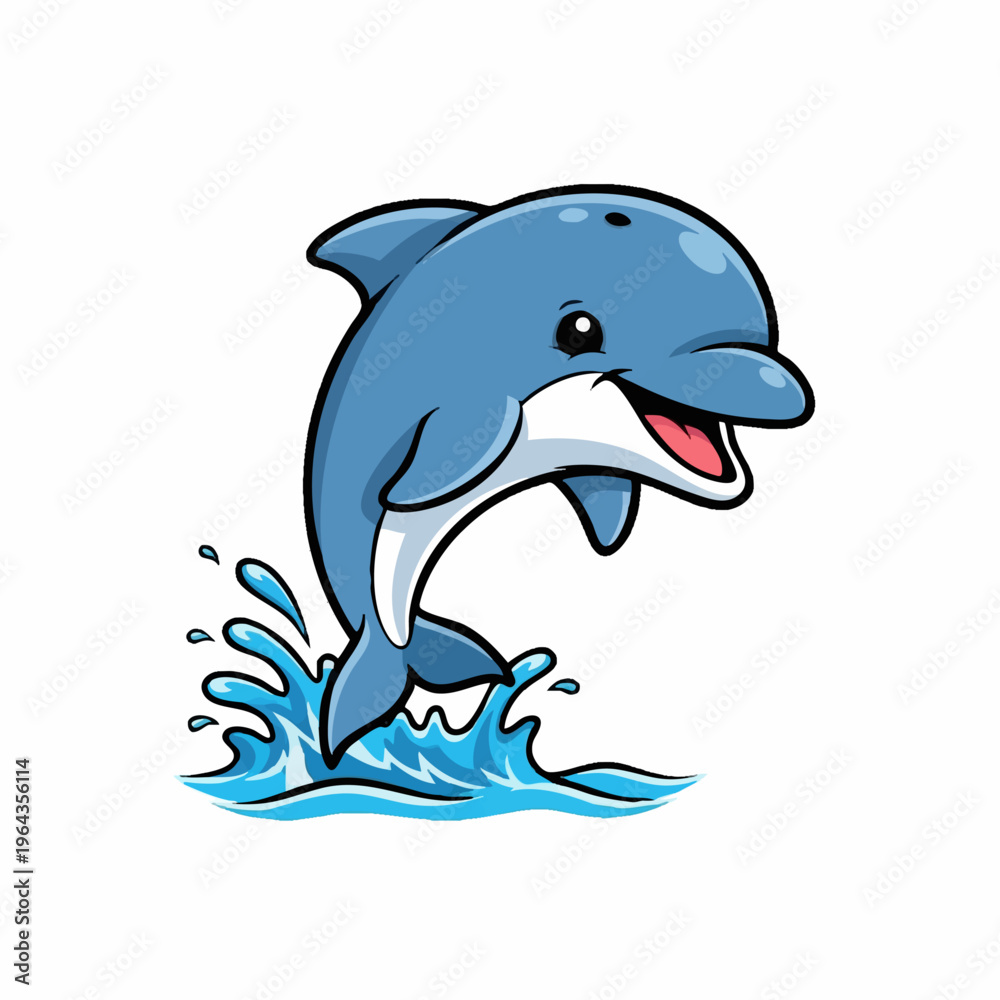 Fototapeta premium Cheerful cartoon dolphin jumping with blue water splash on white background.