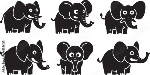 Solid Black Cartoon Elephant Character Shapes