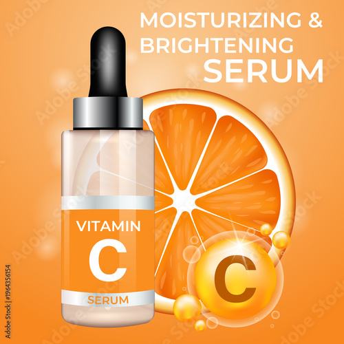 A template for advertising a cosmetic product with vitamin C. A 3d model of a dropper bottle and citrus fruit. Moisturizing serum.