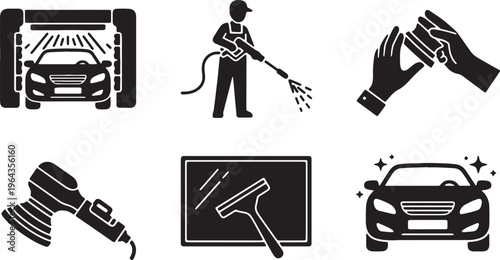 Set of Six Car Wash and Detailing Black Silhouettes