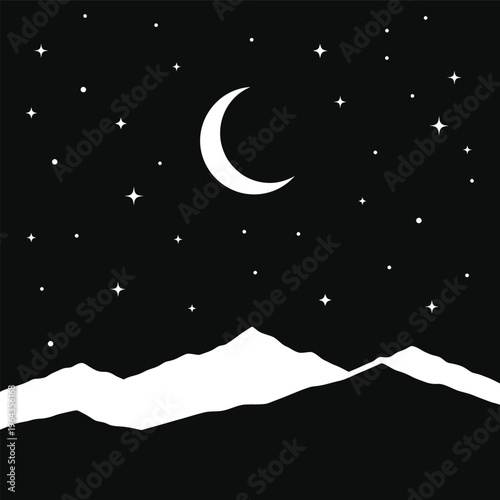 Crescent Moon in Night Sky.