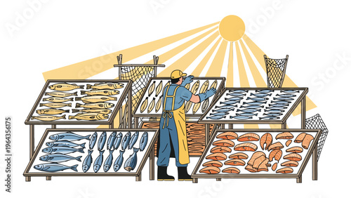 Fisherman with drying fish under the sun: An industrious fisherman meticulously arranges freshly caught fish on drying racks beneath the warm glow of the sun, preparing them for preservation.