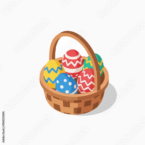 Colorful Easter eggs in wicker basket illustration.