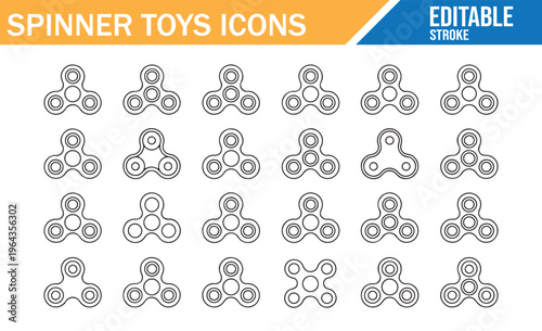 Spinner toys line icons set vector collection of fidget spinners in different shapes minimal outline editable stroke design stress relief toy symbols isolated on white background