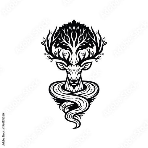 Deer head with tree branches growing.