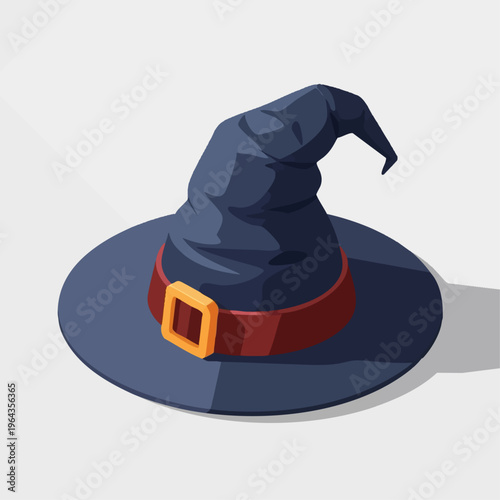 Curved witch hat illustration with buckle and shadow on white background.