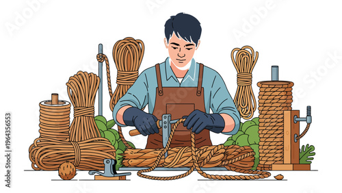 Craftsman at Work: An artisan meticulously weaves natural fiber rope, surrounded by a variety of expertly crafted coils, revealing the skill and artistry behind this traditional craft.