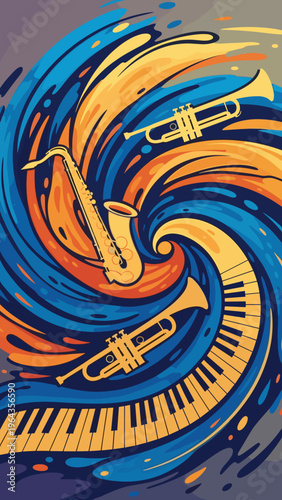 Abstract musical instruments saxophone trumpet and piano in swirl
