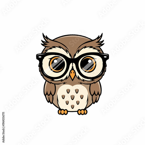 Cute cartoon owl wearing glasses isolated mascot.