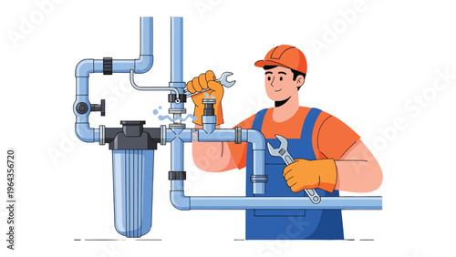 Plumber Fixing Pipes: An expert plumber diligently works on a network of pipes with a wrench, focusing on a critical leak and demonstrating expertise in plumbing repair and maintenance.