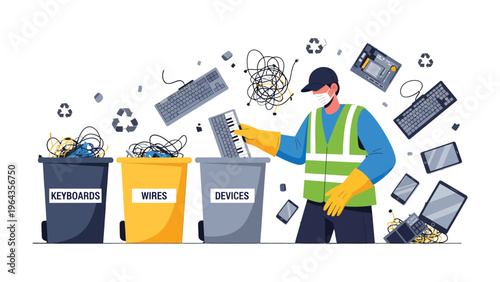 Sorting for a Sustainable Future: A waste worker sorts through bins of e-waste, promoting environmental responsibility and proper recycling of keyboards, wires, and devices.