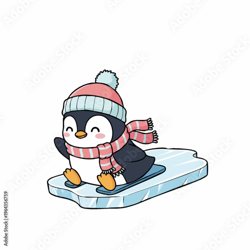 Cute cartoon penguin sledding on icy floe wearing pink hat.
