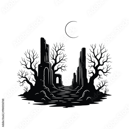 Abandoned Castle Ruins with Trees.