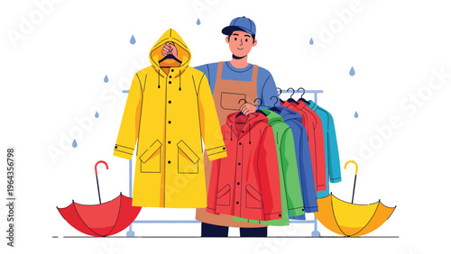 Raincoat Seller with Umbrella: A seller offers vibrant raincoats alongside a few umbrellas, providing an array of colorful apparel options, ready for any weather.