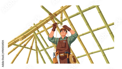 Artisan at Work: An artisan meticulously weaves natural bamboo structures, showcasing traditional craftsmanship and expertise. Capturing the essence of skilled labor and architectural finesse.