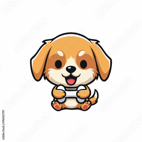 Adorable cartoon puppy mascot holding bone isolated.