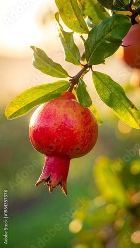 Ripe Pomegranate Hanging on Branch in Sunlight.
