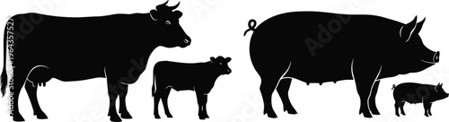 Silhouette illustration of farm animals cow calf pig piglet livestock growth concept for agriculture education and farming