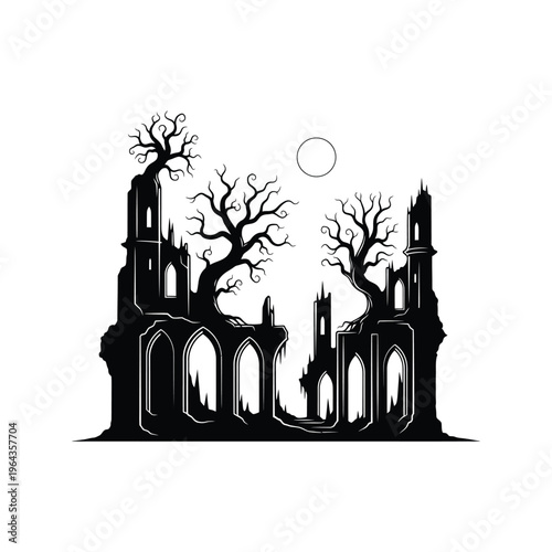 Abandoned Gothic Architecture Silhouette Illustration.