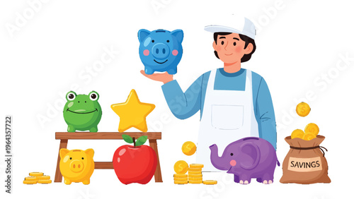 Savings and Investments: A person stands beside a collection of vibrant piggy banks and a bag of golden coins, symbolizing saving, investing, and the journey toward financial security.
