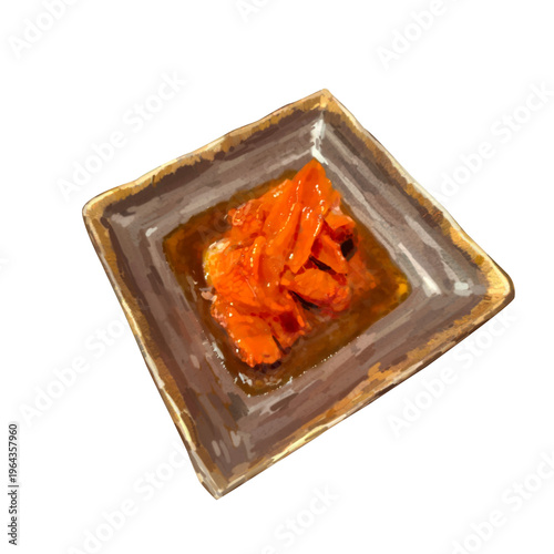 Hand-painted honey glazed sweet pickled carrots on a square dish, isolated on transparent background