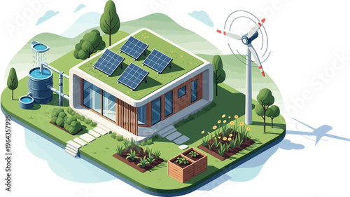 Sustainable eco house with solar panels and wind turbine, modern green home with garden and water tank, renewable energy vector illustration