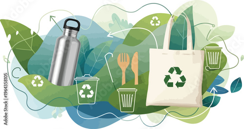 Eco-friendly zero waste lifestyle concept vector, reusable metal water bottle and cotton tote bag with recycling symbols, sustainable living illustration