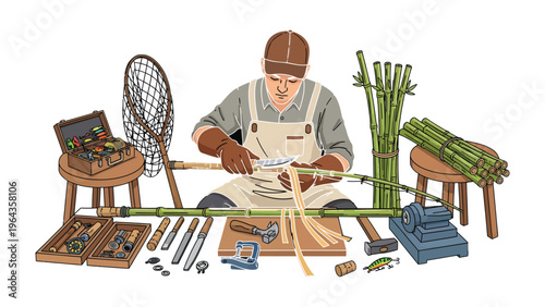 Artisan Crafting Fishing Rod: A skilled artisan meticulously crafts a fishing rod with traditional tools and techniques, showcasing the artistry and dedication involved in the process.