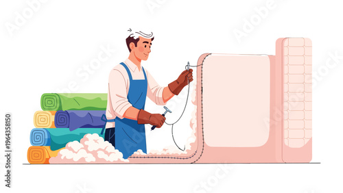 Carpet Cleaning Artisan: An artisan meticulously cleans a rug, surrounded by rolled rugs and cleaning supplies, showcasing skill and precision in the art of textile care.