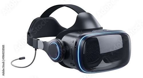 Modern virtual reality headset with sleek black design and illuminated blue accents.