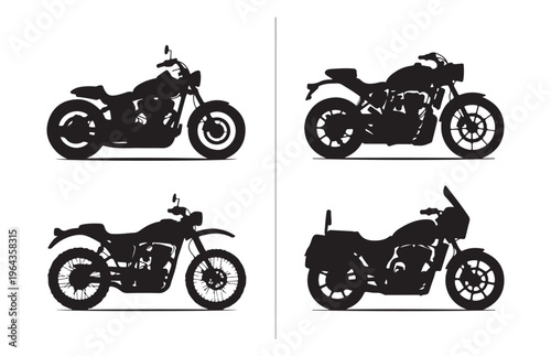 Set of four motorcycle silhouettes with various styles like cruiser chopper and scrambler on white.