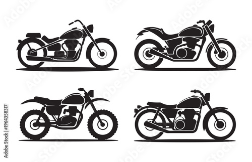 Collection of stylized motorcycle icons representing various styles like cruiser, sport, dirt, and cafe racer for design projects.