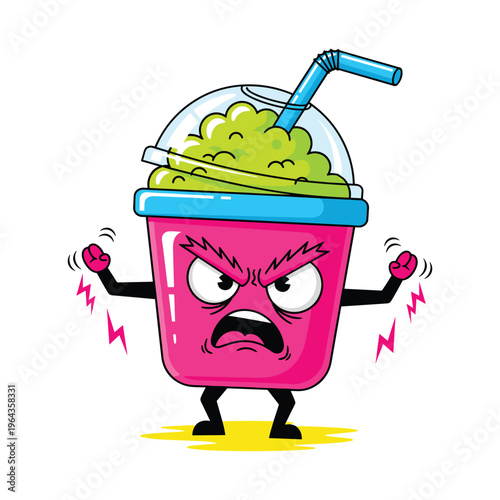 Angry Green Slushy Drink Character with Fists Raised, Cartoon Style
