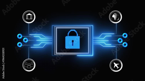 Secure digital lock glows within a futuristic frame against a dark background. Futuristic frame with glowing digital lock ensures secure visual. Digital lock shines in futuristic frame against dark .