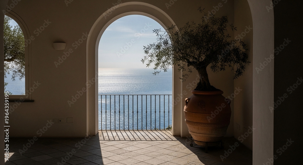 Naklejka premium A picturesque Mediterranean terrace with an olive tree in an amphora, warm terracotta and azure colors, invites you to a secluded rest against the background of the endless sea