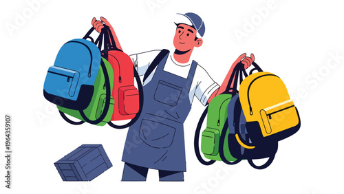 Backpack Salesman's Presentation: A young salesman in overalls and a cap presents a vibrant collection of backpacks, showcasing a spectrum of colors and styles.