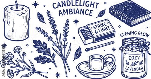 Candlelight ambiance illustration with candle, book, lavender, cozy lavender jar and strike and light matches