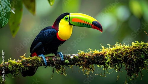 Colorful keel-billed toucan perched on a mossy branch in the rainforest.